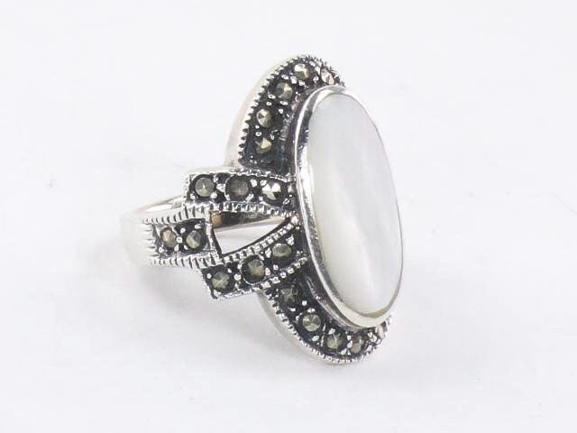 Vintage Sterling Silver Mother of Pearl Ring with Marcasite, Large MOP Ring, Size 5.75