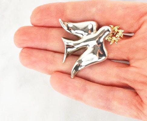 Vintage Sterling Silver 14k Gold Peace Dove Pin - BA Ballou Bird Brooch