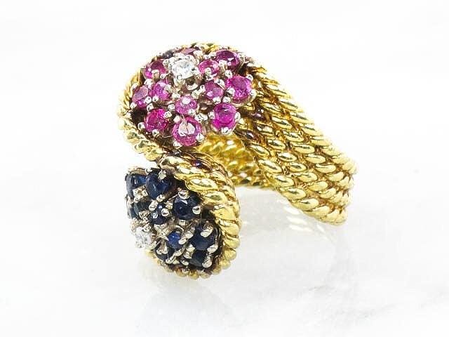 Vintage 18k Gold Floral Ring: Ruby, Sapphire & Diamond Cluster, Size 7