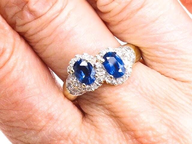 Vintage 14k Yellow Gold Sapphire Diamond Halo Ring Natural Blue Sapphire Ring with Natural Diamonds September Birthstone Ring Size 6 3/4