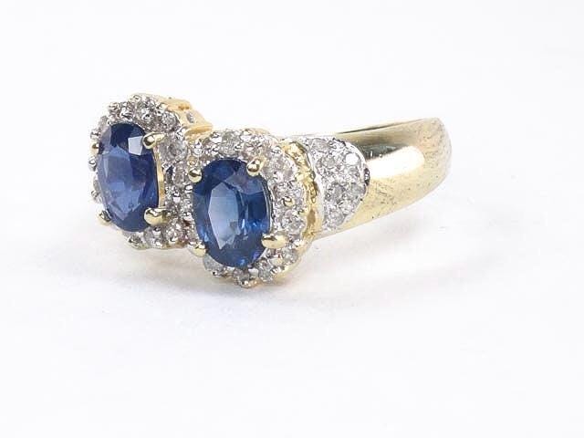 Vintage 14k Yellow Gold Sapphire Diamond Halo Ring - Size 6 3/4