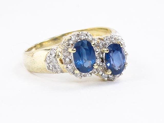 Vintage 14k Yellow Gold Sapphire Diamond Halo Ring - Size 6 3/4