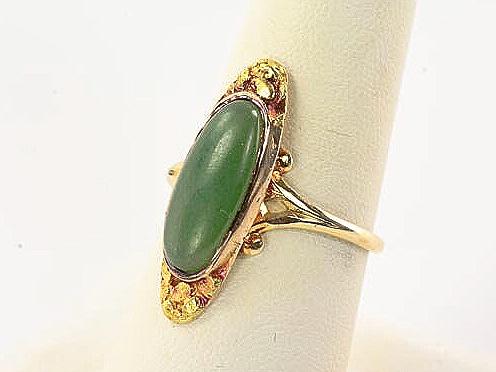 Vintage 10k & 24k Gold Oval Green Glass and Genuine Gold Nugget Ring, Jade Look Everyday Ring, Size 8.25