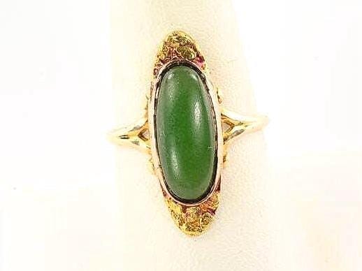 Vintage 10k Gold Nugget Ring: Green Glass Oval, Size 8.25