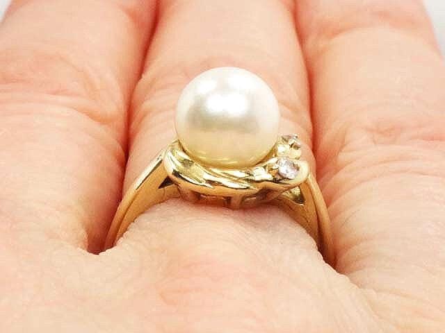 Vintage 14k Yellow Gold Cultured Pearl Diamond Ring Large 8 mm Pearl Ring - Bridal Ring - Size 6.25