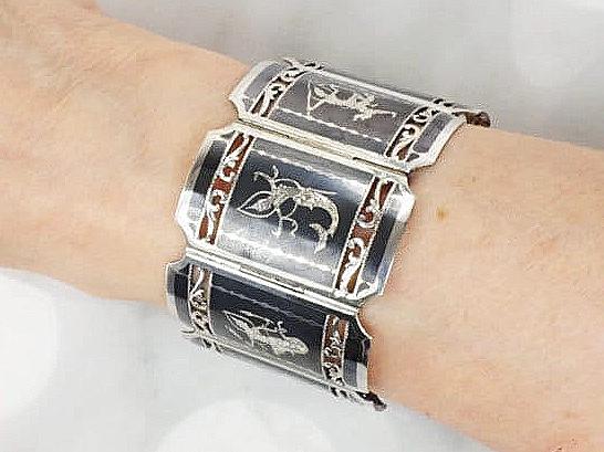 Vintage Siam Sterling Bracelet Heavy 61 Grams Siam Silver Goddess and Mermaid Princess Bracelet Wide Nielloware Thailand Siam Bracelet 7"