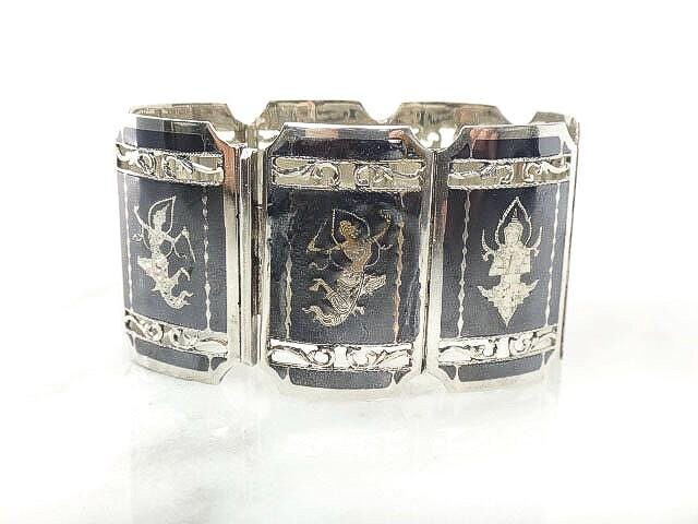 Vintage Siam Sterling Bracelet Heavy 61 Grams Siam Silver Goddess and Mermaid Princess Bracelet Wide Nielloware Thailand Siam Bracelet 7"