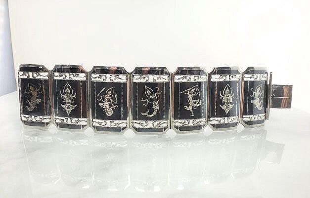 Vintage Siam Sterling Bracelet Heavy 61 Grams Siam Silver Goddess and Mermaid Princess Bracelet Wide Nielloware Thailand Siam Bracelet 7"