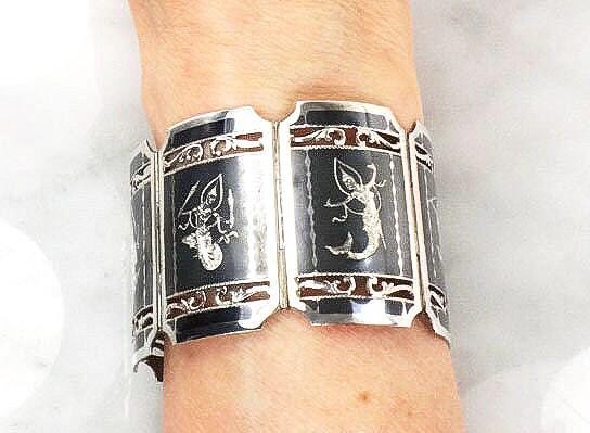 Vintage Siam Sterling Bracelet Heavy 61 Grams Siam Silver Goddess and Mermaid Princess Bracelet Wide Nielloware Thailand Siam Bracelet 7"