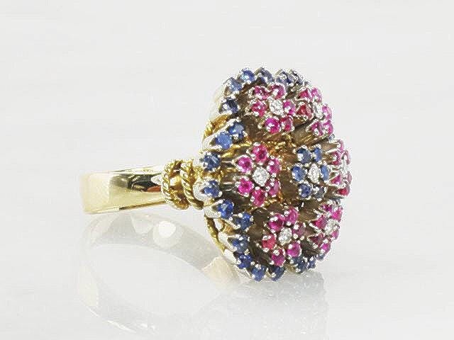 Vintage 18k Gold Floral Cocktail Ring: Sapphire, Ruby & Diamond Cluster (Size 6.25)