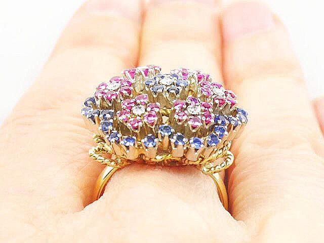 Vintage 18k Gold Floral Cocktail Ring: Sapphire, Ruby & Diamond Cluster (Size 6.25)