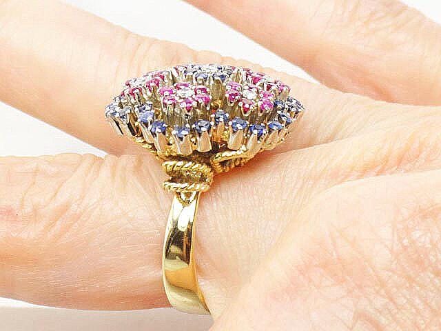 Vintage 18k Gold Floral Cocktail Ring: Sapphire, Ruby & Diamond Cluster (Size 6.25)