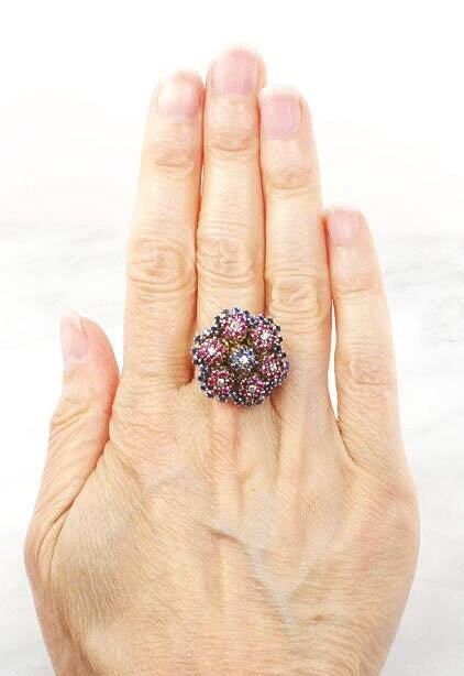 Vintage 18k Gold Natural Sapphire Ruby and Diamond Cluster Ring Large Floral Cocktail Ring - Size 6.25