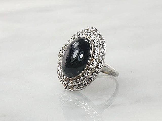 Vintage Art Deco Sterling Silver Marcasite Ring: Black Onyx, Size 3.75