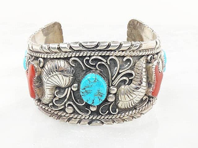 Vintage Large Navajo Sterling Silver Turquoise and Coral Bracelet Signed GB Silver Blue Turquoise Cuff Heavy Silver Bracelet 102 grams