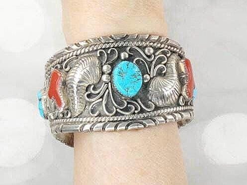 Vintage Large Navajo Sterling Silver Turquoise and Coral Bracelet Signed GB Silver Blue Turquoise Cuff Heavy Silver Bracelet 102 grams