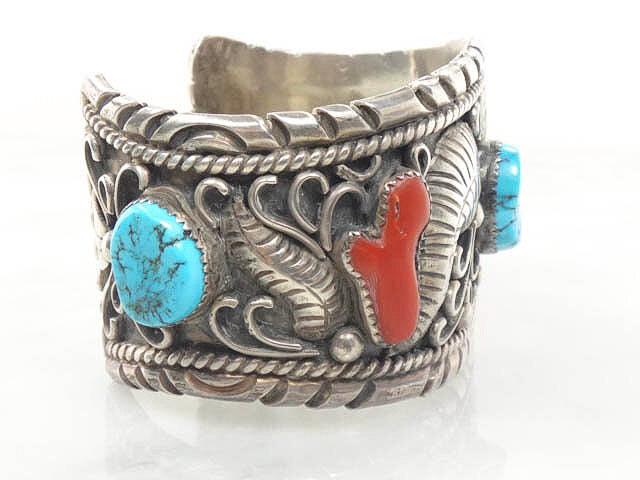 Vintage Large Navajo Sterling Silver Turquoise and Coral Bracelet Signed GB Silver Blue Turquoise Cuff Heavy Silver Bracelet 102 grams