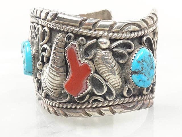 Vintage Large Navajo Sterling Silver Turquoise and Coral Bracelet Signed GB Silver Blue Turquoise Cuff Heavy Silver Bracelet 102 grams