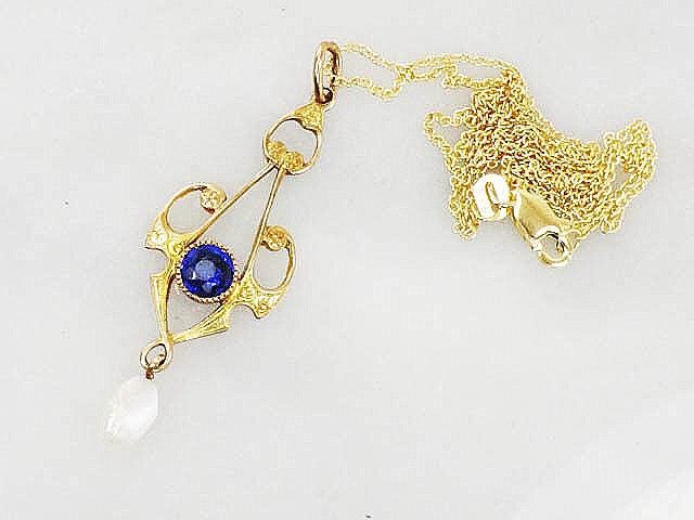 Antique Art Nouveau 10k Gold Lavalier Necklace: Blue Glass & Pearl, 16" 14k Chain