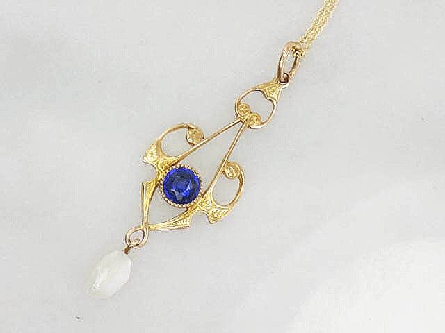 Antique 10k Yellow Gold Blue Glass and Pearl Pendant on 14k Chain, Art Nouveau Lavalier Necklace, Bridal Jewelry 16"