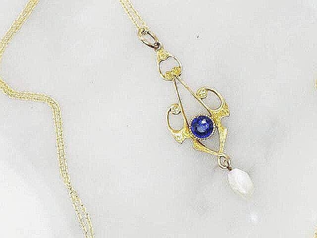 Antique Art Nouveau 10k Gold Lavalier Necklace: Blue Glass & Pearl, 16" 14k Chain