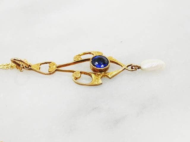 Antique 10k Yellow Gold Blue Glass and Pearl Pendant on 14k Chain, Art Nouveau Lavalier Necklace, Bridal Jewelry 16"