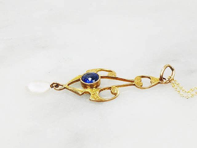 Antique 10k Yellow Gold Blue Glass and Pearl Pendant on 14k Chain, Art Nouveau Lavalier Necklace, Bridal Jewelry 16"