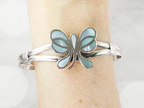 Sterling Silver Blue Mother of Pearl Butterfly Cuff Bracelet Vintage Silver Bracelet
