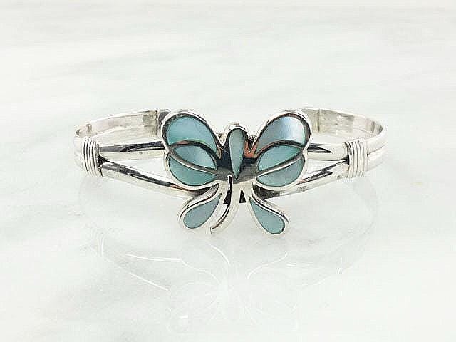 Vintage Sterling Silver Butterfly Cuff Bracelet: Blue Mother of Pearl Inlay