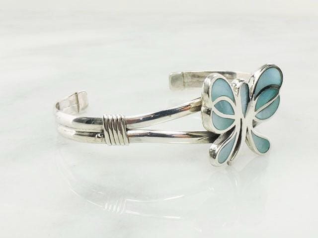 Vintage Sterling Silver Butterfly Cuff Bracelet: Blue Mother of Pearl Inlay
