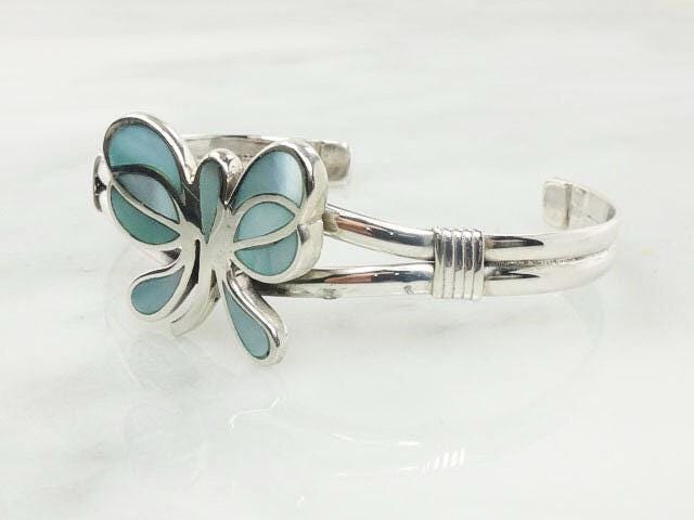 Vintage Sterling Silver Butterfly Cuff Bracelet: Blue Mother of Pearl Inlay