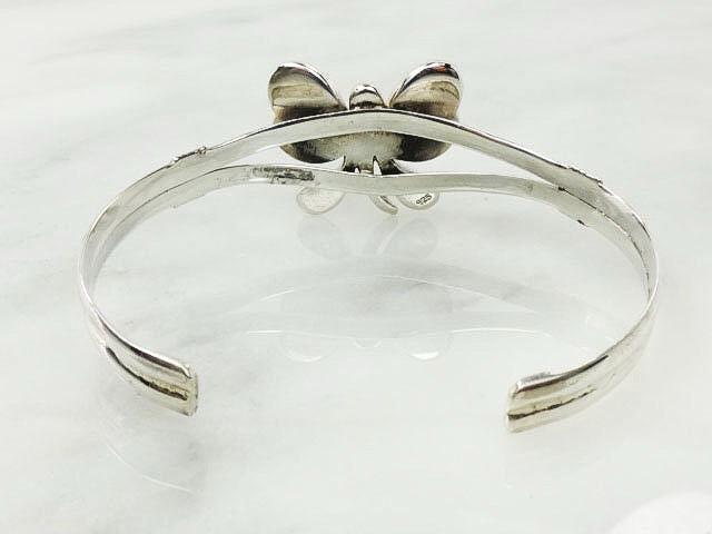 Vintage Sterling Silver Butterfly Cuff Bracelet: Blue Mother of Pearl Inlay