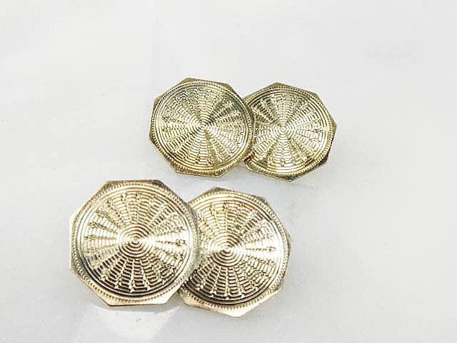 Art Deco 14k Yellow Gold Octagon Shape Cufflinks Engraved Engine Turned Cufflinks