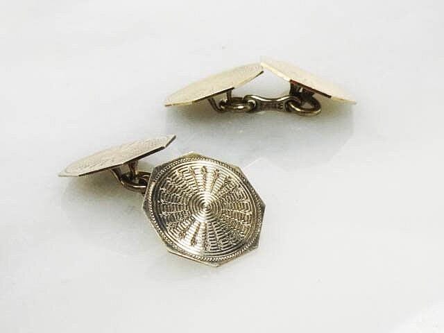 Art Deco 14k Yellow Gold Octagon Shape Cufflinks Engraved Engine Turned Cufflinks