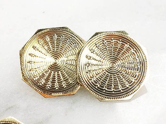 Art Deco 14k Yellow Gold Octagon Shape Cufflinks Engraved Engine Turned Cufflinks