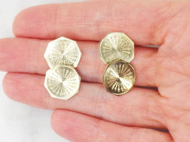 Art Deco 14k Yellow Gold Octagon Shape Cufflinks Engraved Engine Turned Cufflinks