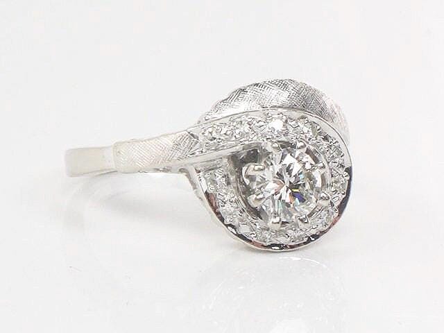 Vintage 14k White Gold Natural Diamond Engagement Ring Mid-Century Modern Round Diamond Swirl Ring Size 5.5