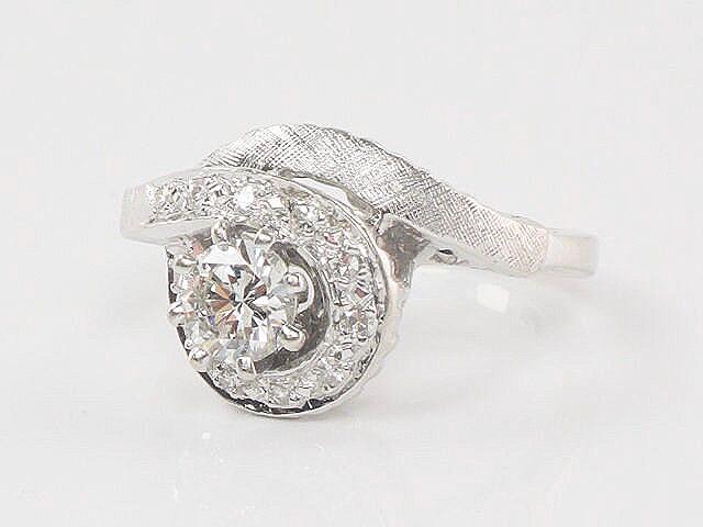 Vintage 14k White Gold Natural Diamond Engagement Ring Mid-Century Modern Round Diamond Swirl Ring Size 5.5