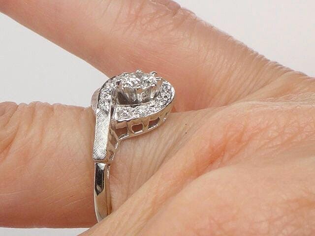 Vintage 14k White Gold Natural Diamond Engagement Ring Mid-Century Modern Round Diamond Swirl Ring Size 5.5