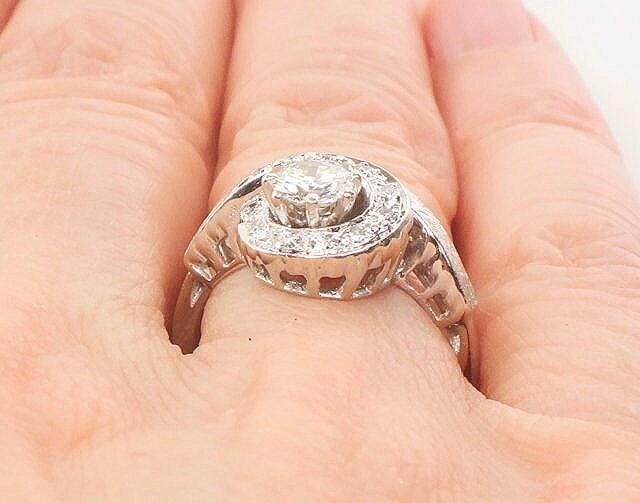 Vintage 14k White Gold Natural Diamond Engagement Ring Mid-Century Modern Round Diamond Swirl Ring Size 5.5