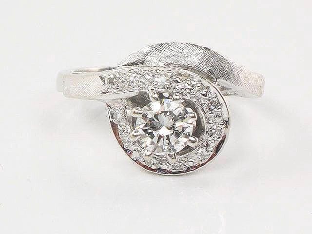 Vintage 14k White Gold Natural Diamond Engagement Ring Mid-Century Modern Round Diamond Swirl Ring Size 5.5