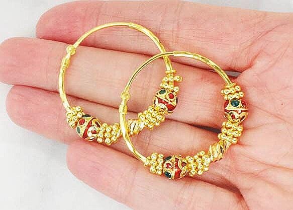 Vintage 22k Yellow Gold Hoop Earrings Fancy Earrings with Red and Green Enamel - 1 3/8"