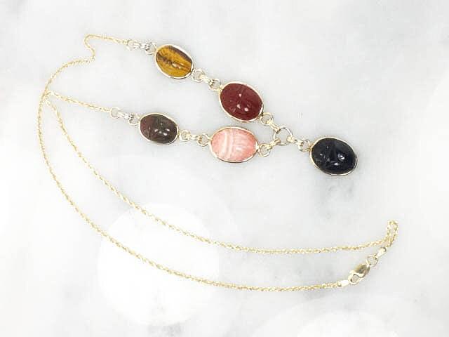 Vintage 14k and Gold Filled Scarab Necklace Bracelet Conversion Necklace with Tiger Eye & Quartz - Carved Stone Necklace 21"