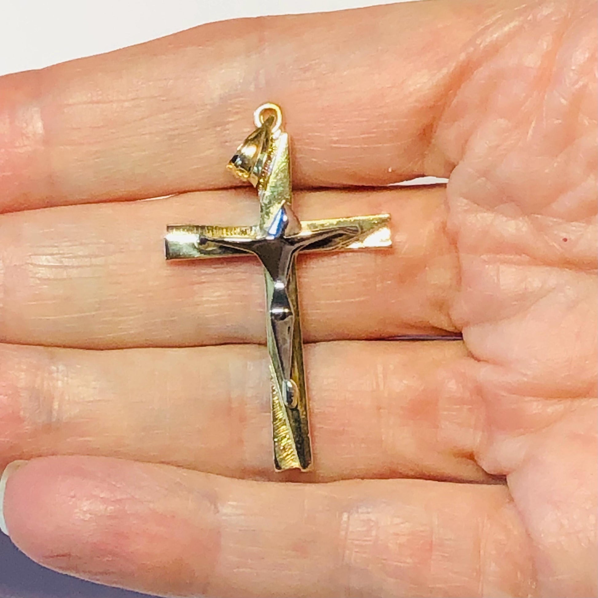 Vintage Solid 14k Two Tone Gold Modern Style Crucifix Cross Pendant, Unisex Cross