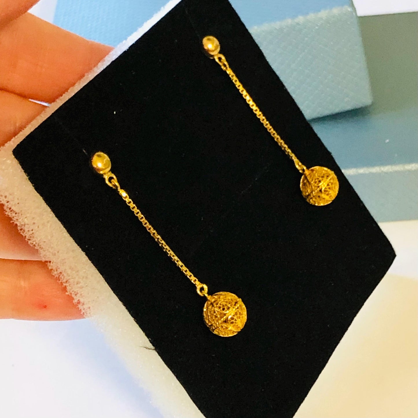 Vintage 18k Yellow Gold Filigree Ball Dangle Earrings 1.25"