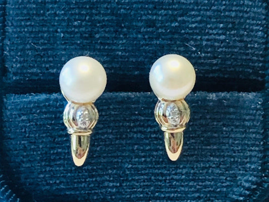 Vintage 10k Yellow Gold Pearl Diamond Stud Earrings: Bridal Button Pearl