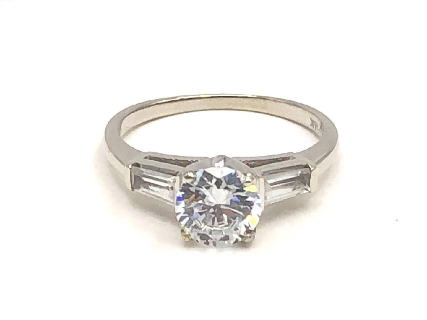 Vintage 14k White Gold Engagement Ring: Round CZ & Sapphire Baguettes, Size 7