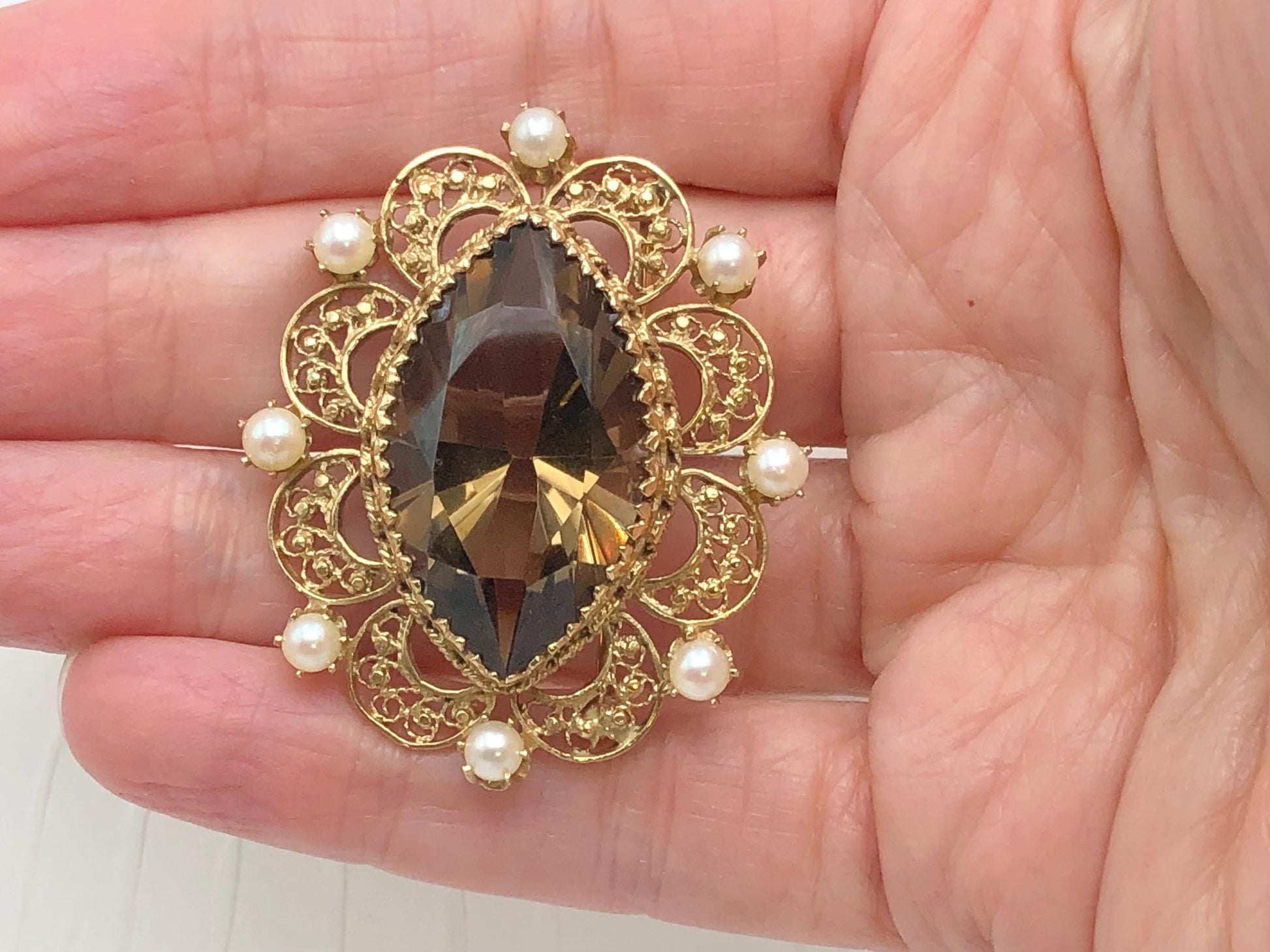 Vintage 14k Gold Smoky Quartz Pearl Pendant Pin: Marquise November Birthstone