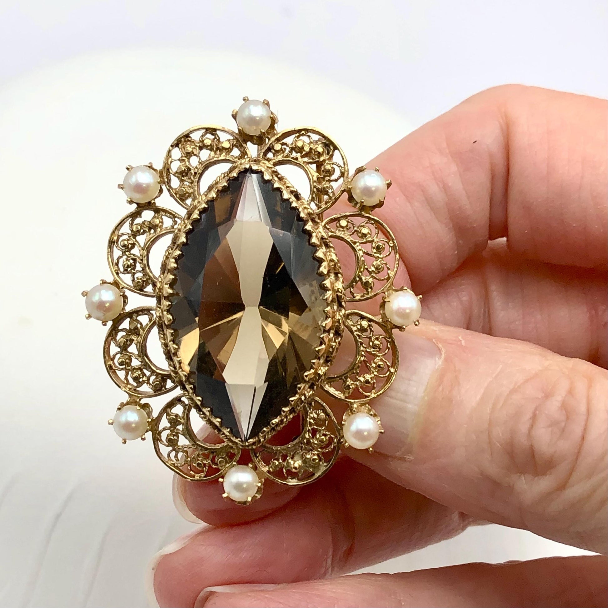 Vintage 14k Gold Smoky Quartz Pearl Pendant Pin: Marquise November Birthstone