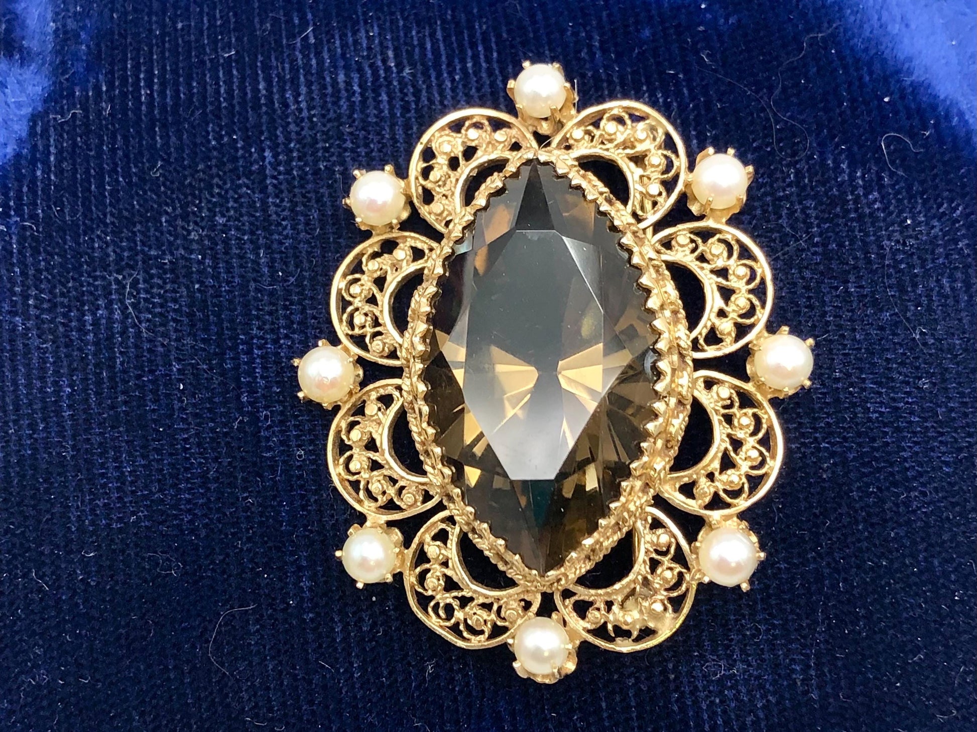 Vintage 14k Gold Smoky Quartz Pearl Pendant Pin: Marquise November Birthstone